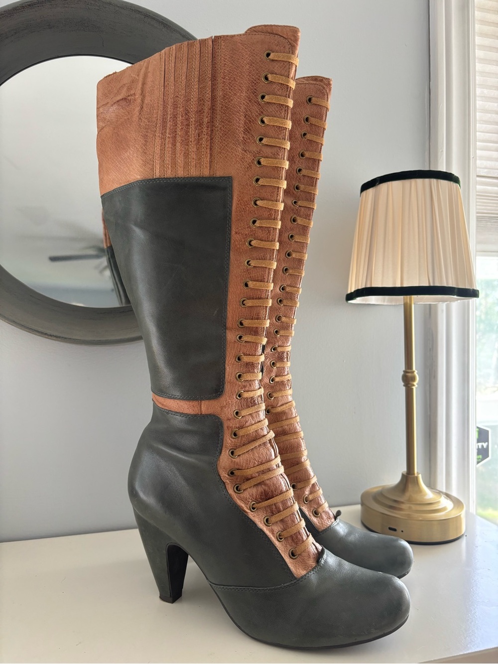 Miz Mooz Two-Tone Tan and olive green leather Knee Boots